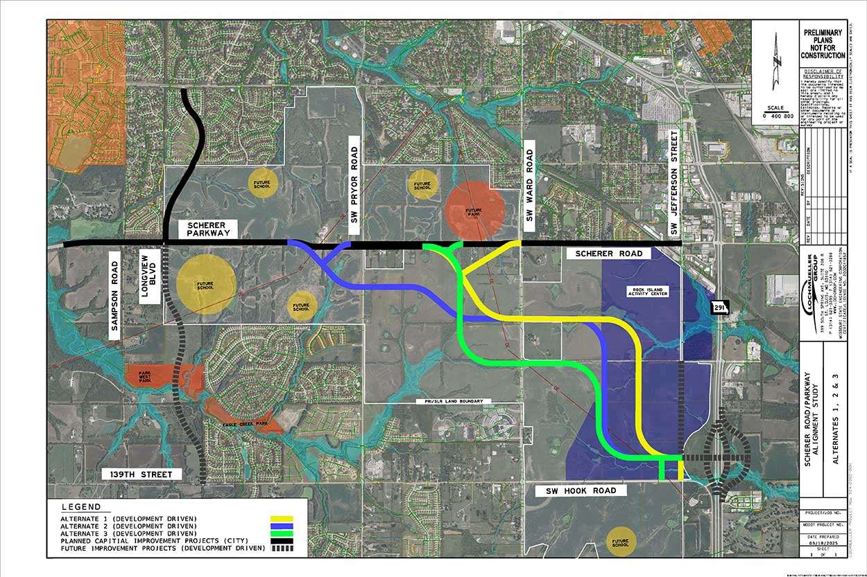 map of scherer road realignment combining all three alternatives